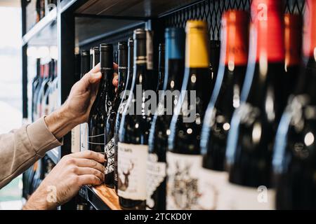 Kunde wählt eine Weinflasche aus dem Store-Regal. Eine Person, die eine Flasche aus einer vielfältigen Auswahl in einem gut sortierten Weinladen auswählt Stockfoto