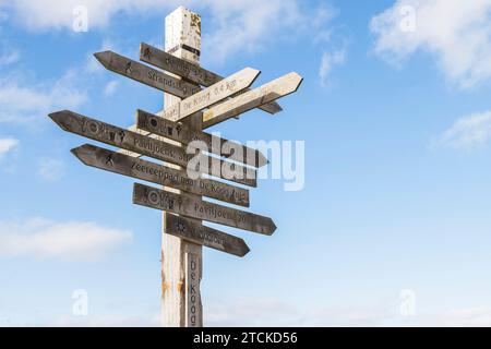 Schilder auf einem Holzpfosten in der Nähe des Strandes zu interessanten Zielen auf der Dutch Wadden Island von Texel. Stockfoto