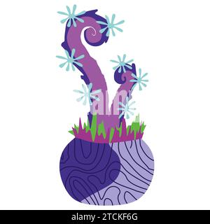 Lustige bunte, fantastische außerirdische Pflanze mit Tentakeln und Blumen im Blumentopf. Illustration des Vektors Flat Cartoon isoliert auf weiß. Dekorative Botanik Stock Vektor