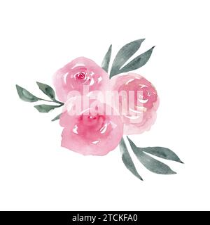 Staubige rosafarbene Pfingstrosen mit grünen Blättern Blumenstrauß-Anordnung isoliert auf weißem Hintergrund. Elegantes, handgemaltes Clipart mit Blumenmuster in Aquarellen Stockfoto