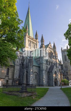 Vertikales Foto, das einen Weg durch einen Park zum Haupteingang der Nidarosdomen in Trondheim, Norwegen, macht, umgeben von Stockfoto