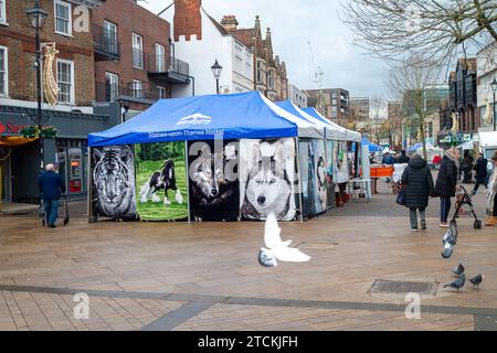 Staines-upon-Thames, Großbritannien. Dezember 2023. Käufer waren heute in Staines-upon-Thames in Surrey unterwegs und machten am Markttag Weihnachtseinkäufe. Quelle: Maureen McLean/Alamy Live News Stockfoto