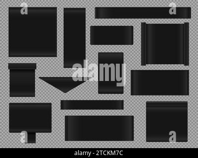 Schwarze Stoffetiketten. Realistische horizontale Etiketten mit Faden- und Nähsymbolen, leere Textil-Embleme für Bekleidungsdesign. Vektorsatz Stock Vektor