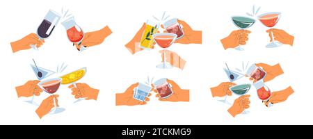 Hände toasten mit Alkohol. Cartoon Person trinken Wein Champagner Cocktail, feiern Party mit Freunden, trinken Alkohol. Vektor flach Personen Hände halten Stock Vektor