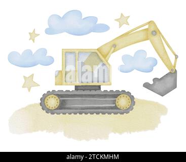 Aquarellabbildung des Baggers. Handgezeichneter Clip-Art von Digger auf isoliertem Hintergrund. Skizze des Kinderspielzeugs. Truck zeichnet für Fingerabdrücke auf der Kleidung eines Jungen. Lackierung des Laders für den Bau. Stockfoto