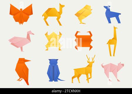 Bunte Origami-Tiere. Gefaltete Origami-Tiermodelle, japanische Zootiere gefaltete Papercraft-Modellkollektion im Cartoon Flat Style. Vektor Stock Vektor
