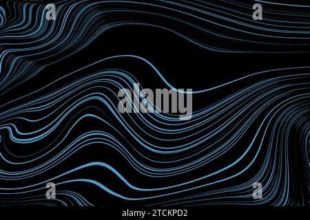 Ein lebendiger digitaler abstrakter Wellenhintergrund mit einer Kombination aus schwarzen und blauen Linien in einem geschwungenen Design Stockfoto