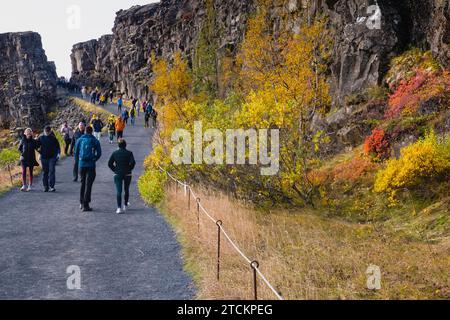 Island, Golden Circle, Thingvellir Nationalpark in Herbstfarben. Der Mittelatlantische Graben zwischen der nordamerikanischen und der eurasischen Platte. Die Almannagja-Schlucht markiert den Rand der nordamerikanischen tektonischen Platte mit Besichtigungstouren. Stockfoto