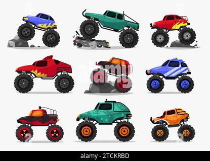 Cartoon Monster Truck. Geländefahrzeug mit Dieselmotor und Schlammreifen, Muscle Car mit Platten Reifen und Federung. Vektor isoliert Stock Vektor
