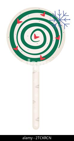 Runder Lutscher auf einem Stock, runde Süßigkeiten mit grünem Wirbel, Winterkaramell mit Spirale und Schneeflocke, groovige bunte Vektorillustration Stock Vektor
