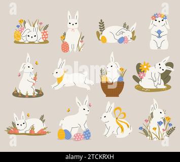 Niedlicher Comic osterhase. Traditionelle Kaninchen flache Zeichen für Weihnachtsgrußkarte, süßes Kaninchen in verschiedenen Posen. Vector Kinder Urlaub Set Stock Vektor
