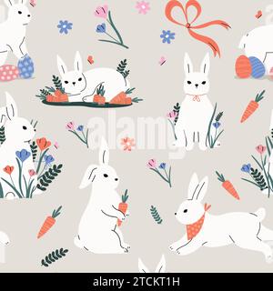 Niedliches Kaninchenmuster. Nahtloser Druck von Zeichentrick bunten Hasenköpfen, kindlichen Tiergesichtern zum Einpacken von Papiergewebe, Weihnachtskarten Hintergrund. Vektor Stock Vektor