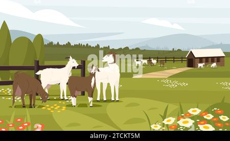 Ziegenfarm. Bauernhof mit Milchtieren, Hütte mit männlichen und weiblichen Ziegen, Bio-Bauernhof für Milchmilchproduktion. Vektor-Landschaft ländlicher Tiere Stock Vektor