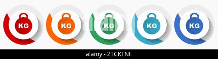 Kilogramm, Kilogramm, kg, Gewichtsvektorsymbole, flache Symbole in 5 Farboptionen für Logo-Design, Webdesign und mobile Anwendungen, bunte runde Tasten Stock Vektor