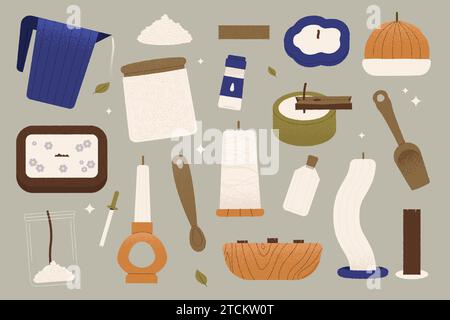 Kerzenherstellung. Handgezeichnete selbstgemachte Bio-Duftkerzen mit Werkzeugen und Aromaölen. Sketch Parfümerie DIY-Konzept. Vektorsatz Stock Vektor