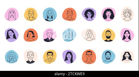 Kritzeln Sie Avatargesichter. Comic-Figuren mit verschiedenen Emotionen, lustigen und trendigen Benutzerprofilen. Vektor-isolierter Satz Stock Vektor