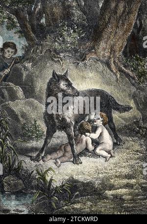Romulus und Remus werden von einem Wolf gesäugt, 8. Jahrhundert v. Chr. Gravure tiree de 'Storia-d'Italia' de Luigi-stefanoni Collection privee Â Stockfoto