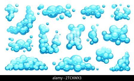 Cartoon-Seifenschaum. Seifenblasen, feuchter Schaum und Shampoo-Ball, Duschdampf-Effekt. Blasen und Schaum. Vektor-isolierter Satz Stock Vektor