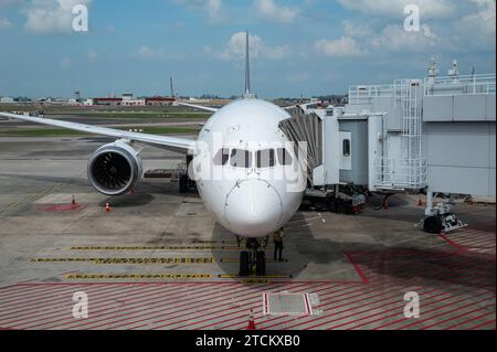 16.07.2023, Singapur, Republik Singapur, Asien - ein Passagierflugzeug der Singapore Airlines vom Typ Boeing 787-10 Dreamliner mit der Registrierung 9V-SCA parkt am Gate auf dem Flughafen Singapur-Changi. Singapore Airlines ist Mitglied der Star Alliance Luftfahrtallianz, einem internationalen Netzwerk von Fluggesellschaften. *** 16 07 2023, Singapur, Republik Singapur, Asien Ein Passagierflugzeug der Singapore Airlines Boeing 787 10 Dreamliner mit der Registrierung 9V SCA parkt am Flugsteig des Singapore Changi Airport Singapore Airlines ist Mitglied der Star Alliance Airline Alliance, einer internationalen Allianz Stockfoto