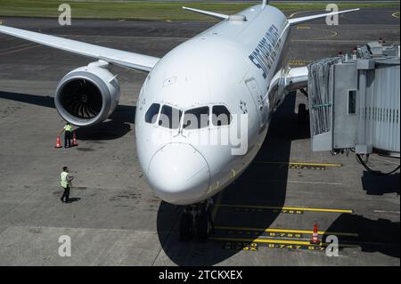 25.07.2023, Denpasar, Bali, Indonesien, Asien - ein Passagierflugzeug der Singapore Airlines vom Typ Boeing 787-10 Dreamliner parkt auf dem internationalen Flughafen I Gusti Ngurah Rai an einem Gate. Singapore Airlines ist Mitglied der Star Alliance Luftfahrtallianz, einem internationalen Netzwerk von Fluggesellschaften. *** 25 07 2023, Denpasar, Bali, Indonesien, Asien A Singapore Airlines Boeing 787 10 Dreamliner Passagierflugzeuge parken an einem Gate am I Gusti Ngurah Rai International Airport Singapore Airlines ist Mitglied der Star Alliance Airline Alliance, einem internationalen Netz von Flugzeugen Stockfoto