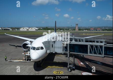 25.07.2023, Denpasar, Bali, Indonesien, Asien - ein Passagierflugzeug der Singapore Airlines vom Typ Boeing 787-10 Dreamliner parkt auf dem internationalen Flughafen I Gusti Ngurah Rai an einem Gate. Singapore Airlines ist Mitglied der Star Alliance Luftfahrtallianz, einem internationalen Netzwerk von Fluggesellschaften. *** 25 07 2023, Denpasar, Bali, Indonesien, Asien A Singapore Airlines Boeing 787 10 Dreamliner Passagierflugzeuge parken an einem Gate am I Gusti Ngurah Rai International Airport Singapore Airlines ist Mitglied der Star Alliance Airline Alliance, einem internationalen Netz von Flugzeugen Stockfoto