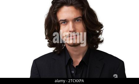 Modischer Anzug, Gesichtsporträt und ein Mann, der sich in formellem Outfit, Geschäftskleidung und Stolz auf schicke, elegante oder elegante Kleidung befindet. Elegante Kleidung, Studio Stockfoto