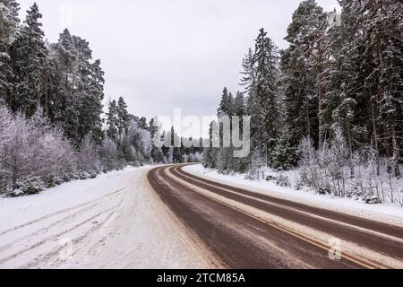 Der eisige Highway durchquert einen Winterwald mit Kiefern, die unter einem stark bewölkten Himmel mit Schnee bedeckt sind. Stockfoto