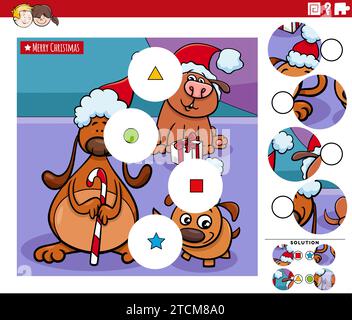Zeichentrickillustration des lehrreichen Match the Pieces Puzzle-Spiel mit lustigen Hunden Tierfiguren an Weihnachten Stock Vektor