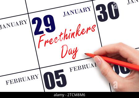 Januar: Handschrift Text Freethinkers Day am Kalenderdatum. Speichern Sie das Datum. Urlaub. Tag des Jahres-Konzept. Stockfoto