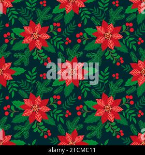 Nahtloses Weihnachtsmuster mit stechpalmenblättern und Weihnachtsstern, Weihnachtsbaumzweigen, roten Beeren und Blume auf dunklem Hintergrund. Handgezeichneter Vektor Stock Vektor