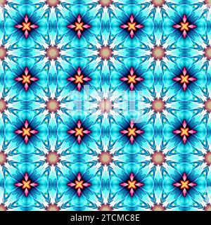 Eine auffällige Illustration mit schwarzem Hintergrund, verziert mit geometrischen Mustern in einer Kombination aus blauen und braunen Farben Stockfoto