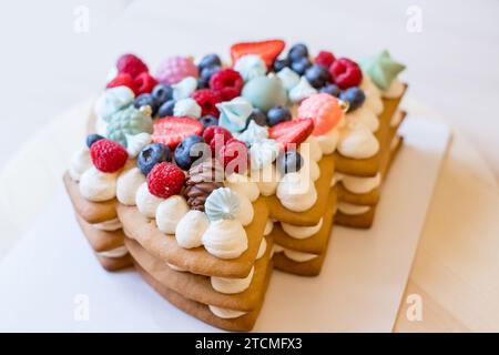 Traditionelle Weihnachtskäse-Cupcakes. Dekoriert mit Tannenzweigen und Weihnachtsdekoration. Kopierbereich. High-Taste Stockfoto