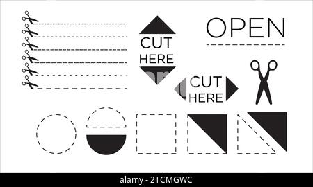Satz von Schnittlinien und geometrischen gestrichelten Objekten mit Schere. Stock Vektor