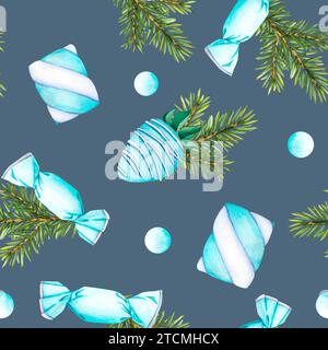 Nahtloses Muster mit Karamellbonbons in blauer Verpackung mit Schleifen, süßen Marshmallow-Twists, Erdbeere mit glasierter blauer Schokolade Stockfoto
