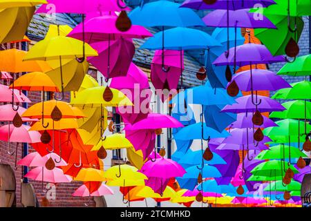 Kunstinstallation von mehrfarbigen Regenschirmen, die über einer Straße in Durham, England, hängen Stockfoto