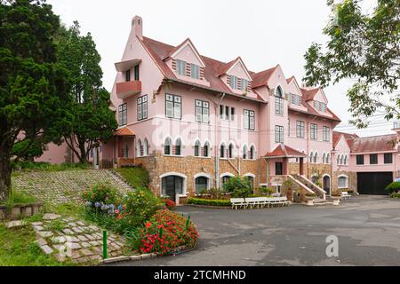 Mai Anh Domaine De Marie Kirche Diözese auf blauem Himmel Hintergrund, versteckt hinter Kiefernästen am sonnigen Tag mit linker Ansicht, in Da Lat, Lam D Stockfoto