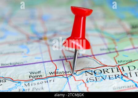 Williston, North Dakota, Pin auf der Karte Stockfoto