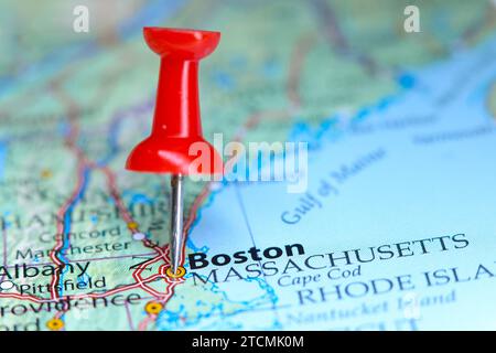 Boston, Massachusetts, Pin auf der Karte Stockfoto