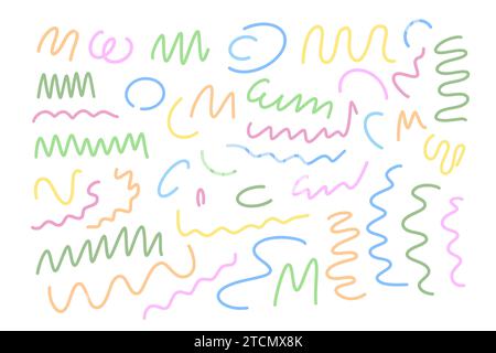 Abstrakte Freiform lockige Doodle Linien Set einfache Hand gezeichnete bunte Vektor Illustration, wellige Squiggle Pinsel Striche Formen Sammlung für Party Feier Dekor, Design Elemente Stock Vektor