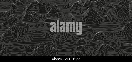 Abstrakter Hintergrund mit verzerrten Linienformen auf schwarzem Hintergrund. Monochrome Schalllinienkurven. Stock Vektor