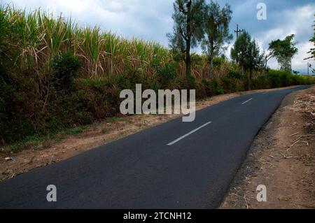 Die Straße führt zwischen zwei Klippen geradeaus bergauf Stockfoto