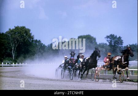 GOSHEN, NY - 2. AUGUST 1955: Allgemeine Ansicht während des Hambletonian Race, als Pferde am 2. August 1955 im Good Time Park in Goshen, New York, um die Strecke laufen. (Foto: Hy Peskin) Stockfoto