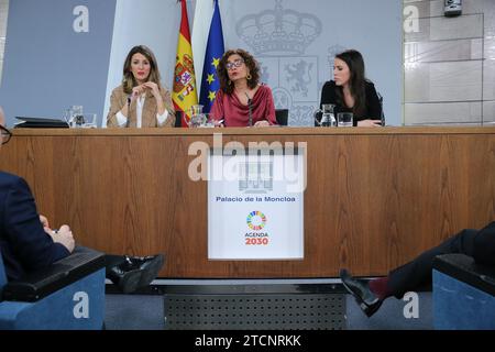 Madrid, 18.02.2020. Moncloa Palace. Pressekonferenz nach dem Treffen des Ministerrates mit dem Sprecher des Ministers, María Jesús Montero, Yolanda Díaz und Irene Montero. Foto: Jaime García. ARCHDC. Quelle: Album / Archivo ABC / Jaime García Stockfoto