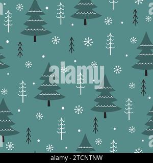 Nahtloses Wintermuster. Weihnachtlicher Hintergrund mit Bäumen und Schneeflocken. Vektorabbildung Stock Vektor