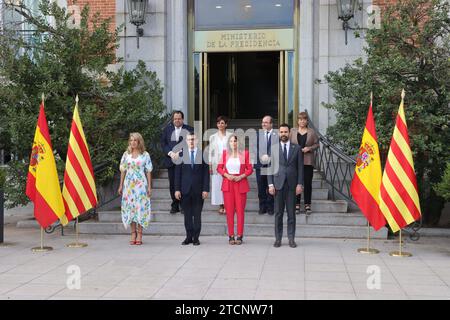 Madrid, 27.07.2022. Minister Bolaños leitet die Delegation der spanischen Regierung am Dialog- und Verhandlungstisch mit der Regierung der katalanischen Generalitat, die am Sitz des Ministeriums zusammentritt. Die Delegation der Regierung setzt sich auch aus der zweiten Vizepräsidentin und Ministerin für Arbeit und Sozialwirtschaft Yolanda Diaz, der Ministerin für Regionalpolitik und Regierungssprecherin Isabel Rodríguez und der Ministerin für Kultur und Sport Miquela Iceta zusammen. Foto: Jaime García. ARCHDC. Quelle: Album / Archivo ABC / Jaime García Stockfoto