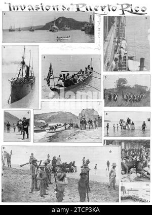 07/31/1898. Fotogalerie der Yankee Invasion von Puerto Rico:1. Nordamerikanische Schiffe, die auf der Insel ankommen.2. General Miles kehrt an Bord zurück. 3. Boot mit Truppen.4. General Miles Richtung Land. 5. Amerikanische Soldaten fahren in Richtung Ponce.6. Yankee Advance.7. Guanica Beach.8. Ausschiffung.9. Mambises und Yankees verbrüdern. 10. Nordamerikanische Truppen in Ponce.11. Landesteg. Quelle: Album/Archivo ABC Stockfoto