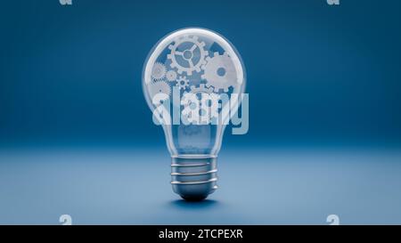 Das Konzept der Teamarbeit ist der Hintergrund einer Glühlampe, die Ideen und Zahnräder erzeugt, 3D-Rendering Stockfoto