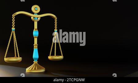 Goldskala mit blauen Perlen, balanciert auf braunem Hintergrund. Ein Symbol für Luxus, Reichtum und Gleichheit, 3D-Darstellung Stockfoto