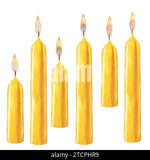 Aquarellgelbe vertikale kurze und lange Kerzen mit Flammen verschiedener Art und ohne Flammen für Weihnachten, Candlemas, Hochzeit, Geburtstag, Easte Stockfoto