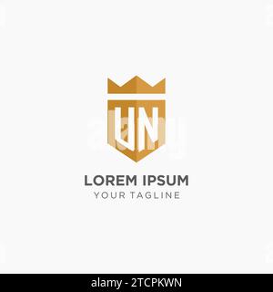 Monogramm UN-Logo mit geometrischem Schild und Krone, luxuriöse, elegante Vektorgrafik im Initial-Logo-Design Stock Vektor